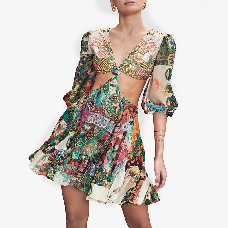 2025 Autumn/winter New Landscape Printed Dress with Hollowed Out Suspender and Digital Printed Dress