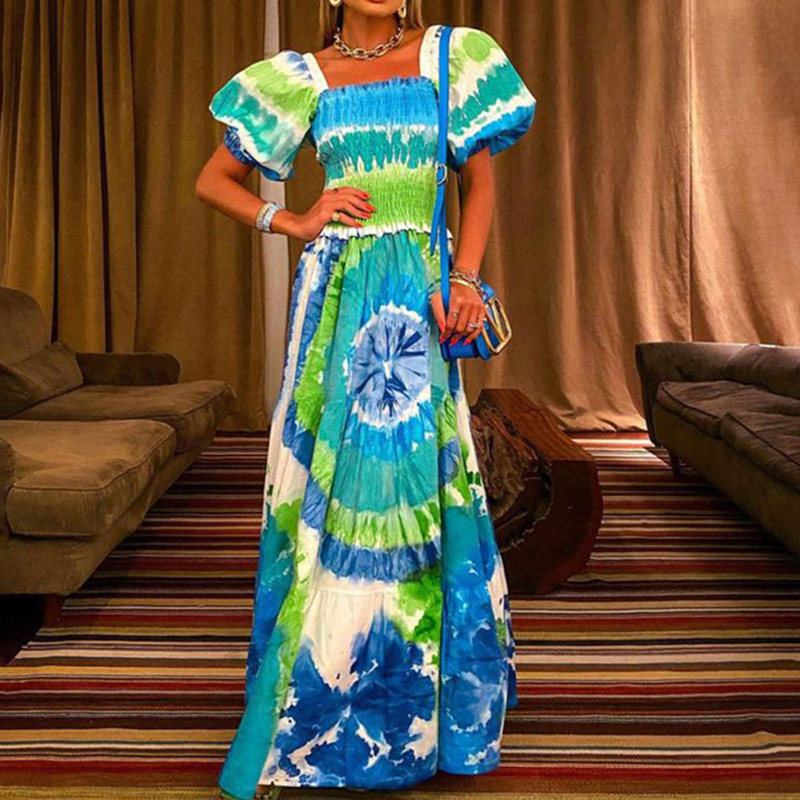 Temperament Womens Summer New Product Bubble Sleeve Digital Printing Loose Thin Sexy Long Dress