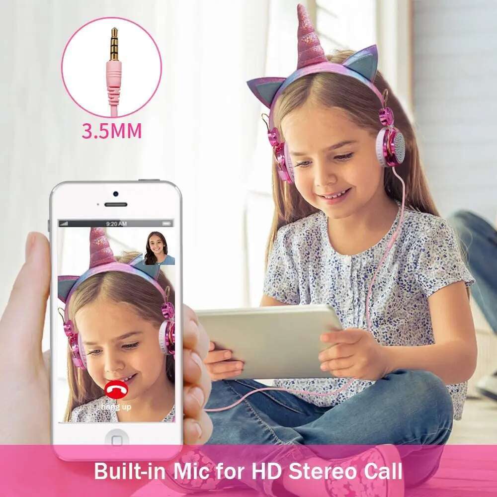 Kids Pink Headphones for Girls Children Teens Wired Headset w/Microphonefor School Birthday Xmas Unicorn Gift
