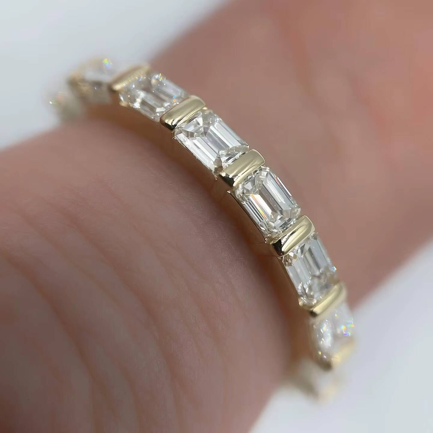 18k Yellow Gold 32 mm Vermeil Engagement Ring VS1 Full Eternity Lab Grown Diamond Band East West Emerald Cut Wedding Band