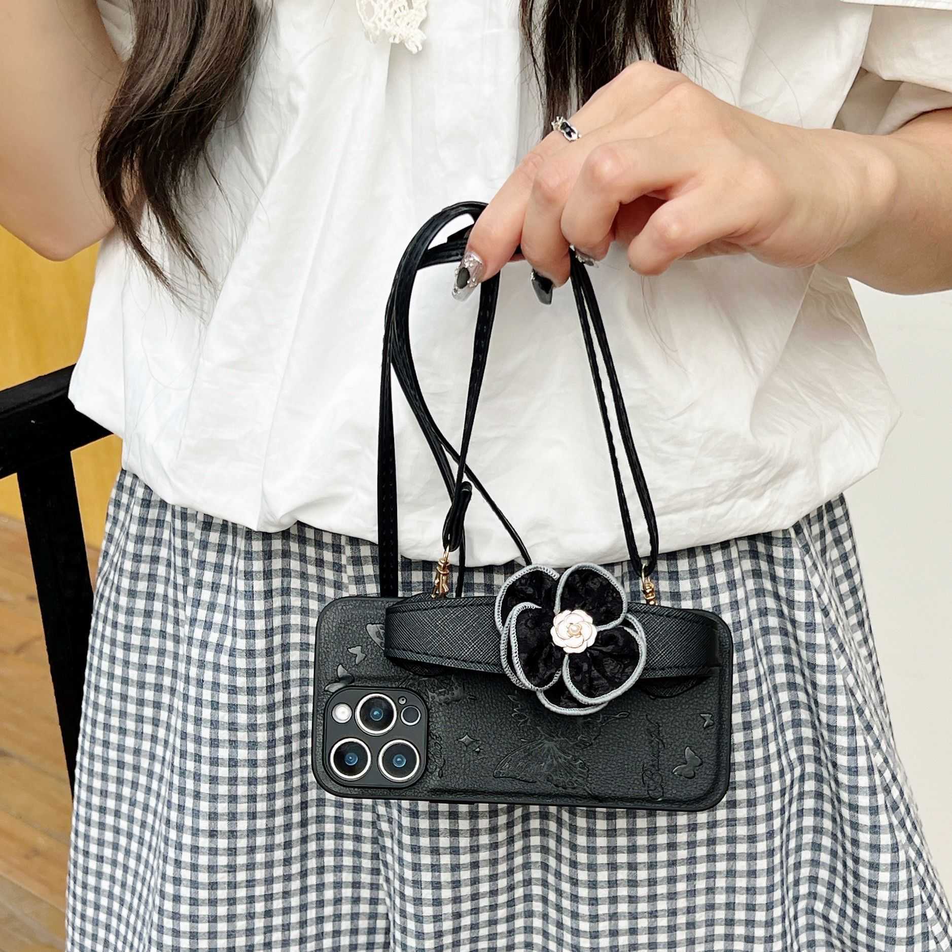 Butterfly Embossed Leather Case for iPhone 16 Pro Max iPhone 15 with Wrist Strap Crossbody for iPhone 1314 J251202