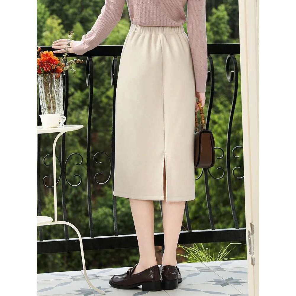 Apricot Color Soft Cotton Veet Mid Length Fall Clothes Women High Waisted Basics Skirt