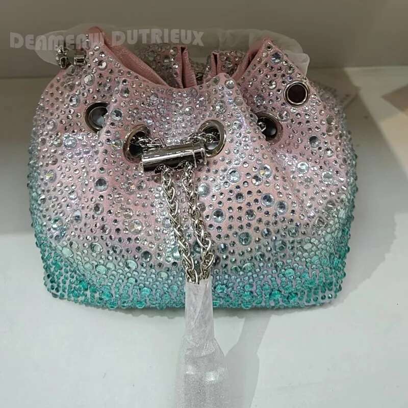 Red Mini Crystal Gradient Stone Handbag Women Party Evening Clutch Light Blue Dia Ring Drawstring Color Bg Wristlets Girl