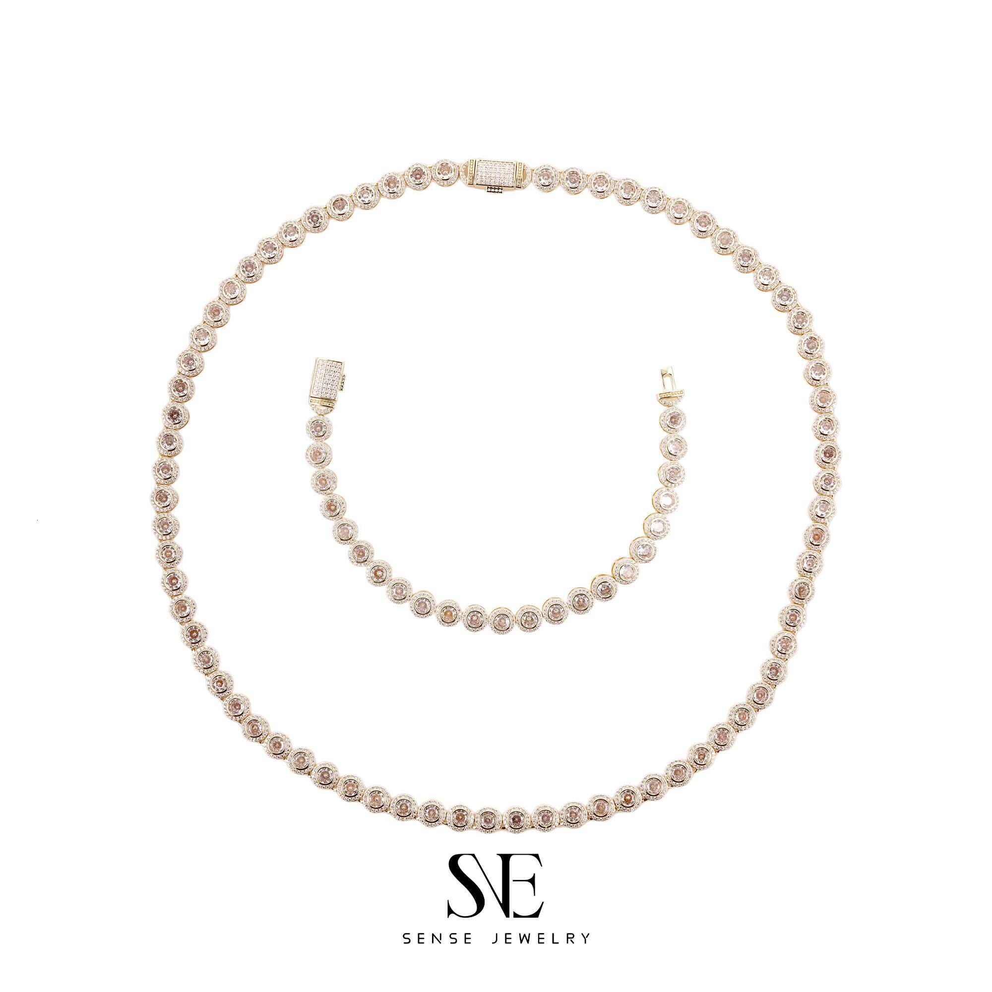 Womens 925 Sterling Silver Hip Hop Style Tennis Necklace Set Moissanite Round Design Link Chain