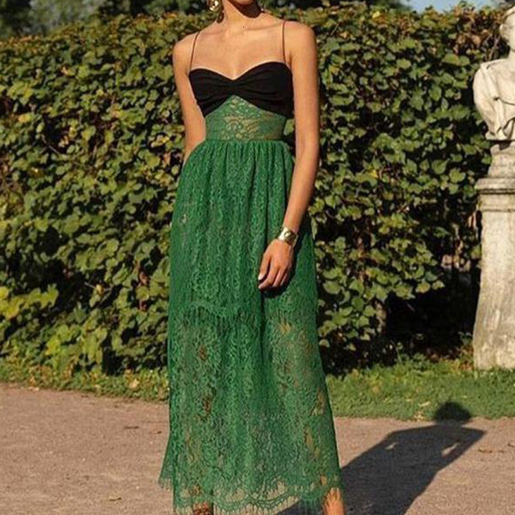 2025 Summer New Womens Dress with Strap Sexy Lace Green Hollow Out Vacation Multi Layer Long Dress