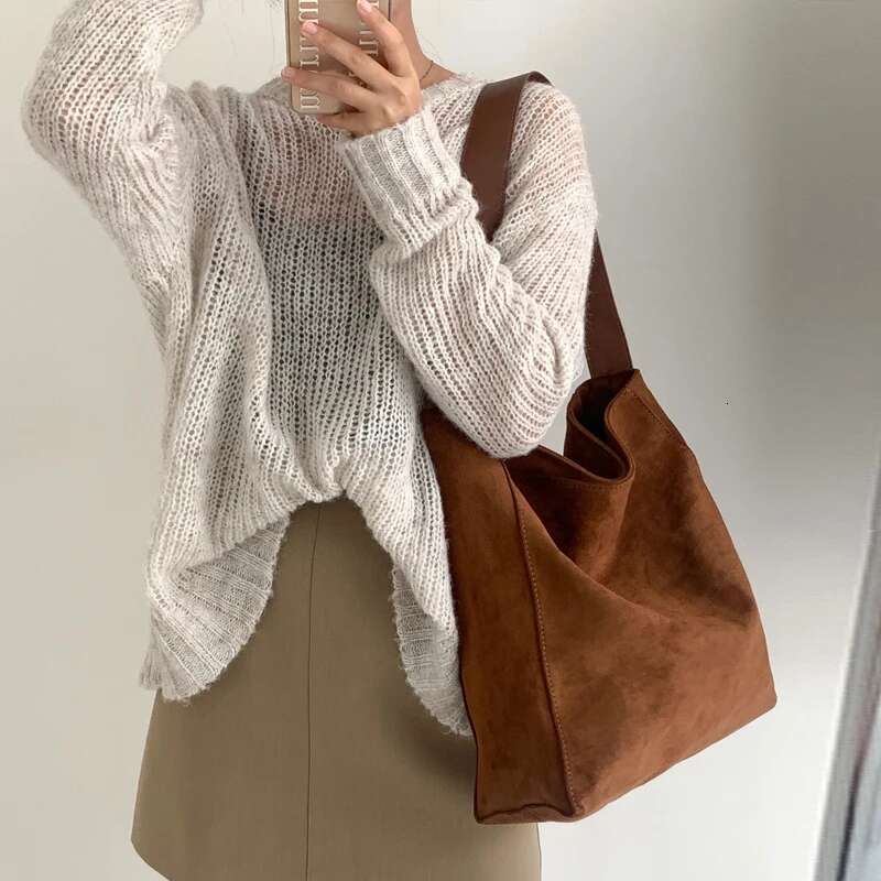 Korean Large Capacity Casual Bags For Women Designer Handbags Purse New In Faux Suede Nubuck Leather Shoulder