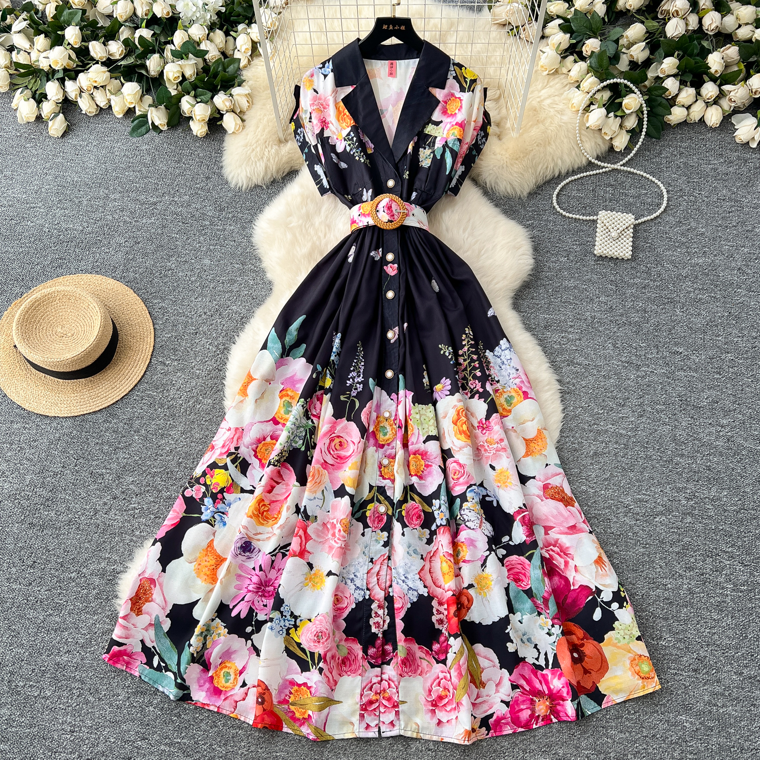 Basic Casual Dresses Elegant Holiday Gorgeous Flower Evening Dresses Women Notched Vintage Print Belt Long Party Dress Female Casual Holiday Clothing 