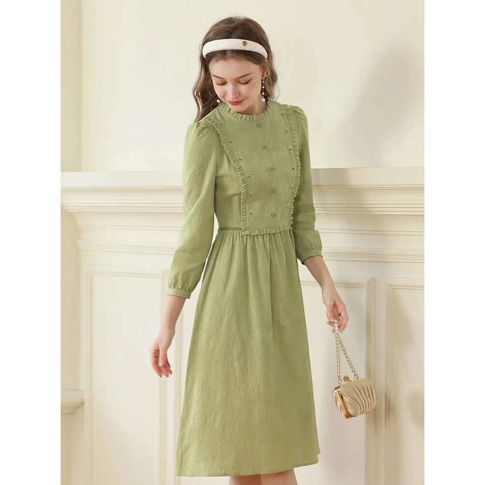 Green Women Dresses Autumn New French Elegant Puff Sleeve Cotton High Waist A-E Female Dress