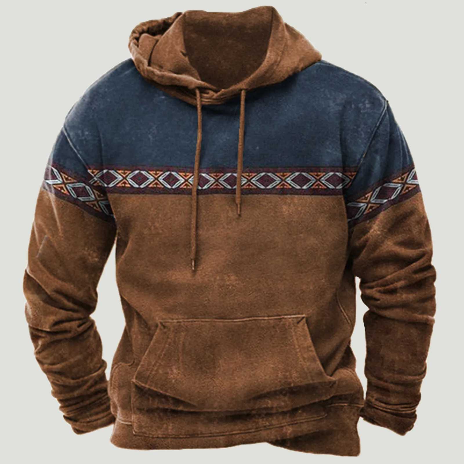 2026 Ethnic Hoodies Mens Clothing Style Patchwork Autumn Winter Fashion Casual Hooded Sweatshirts Drawstring Sweatershirt W251106