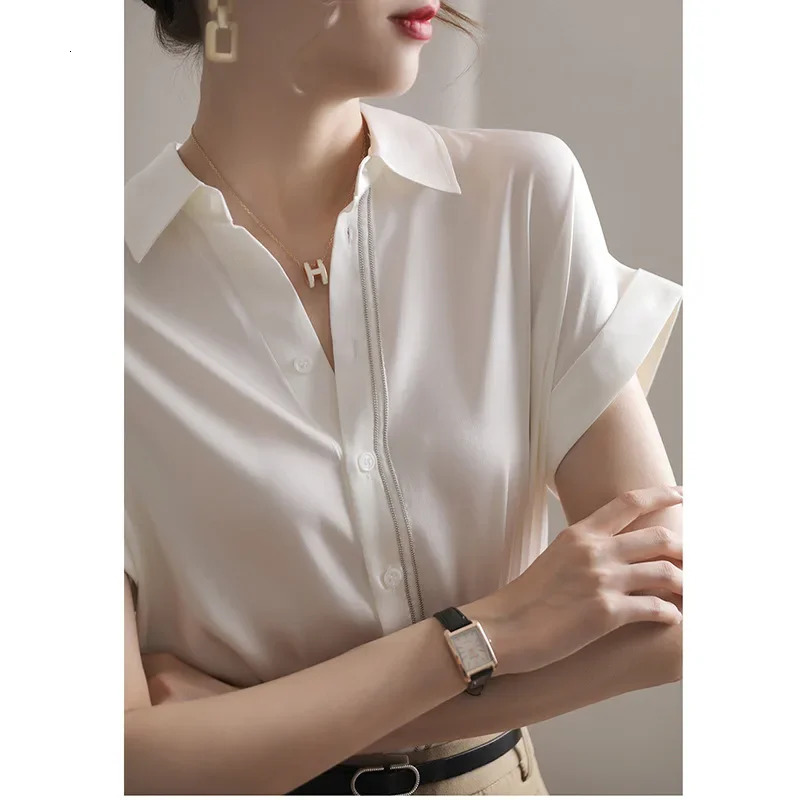 White Silk Shirts Women Spring Short-sleeved Loose Silk Tops With High Short Temperament And High Quality Silk T-shirt 250402