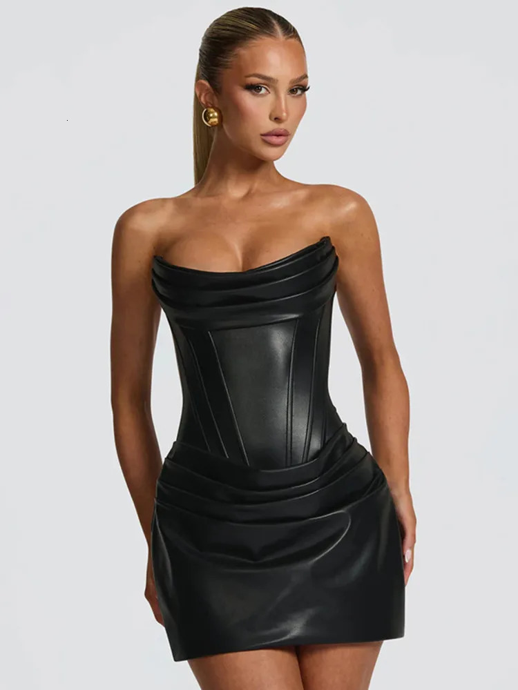 Mozision PU Leather Off-Shoulder Strapless Mini Dress - Sleeveless Ruched Backless Club Party Gown for Women C260312