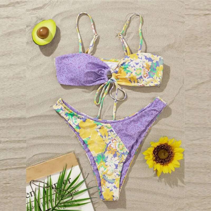 Purple Patchwork Print Women's Swimsuit,2024 Summer New Micro Bikini Set,Lace-up Suspender Backless Bathing Suit,Bathing Suit