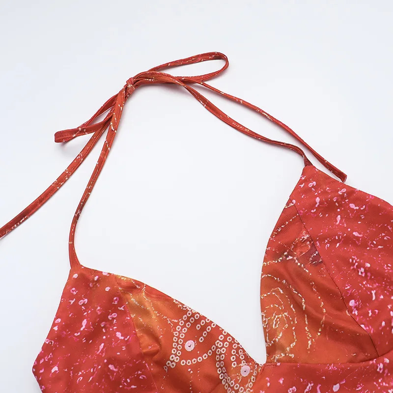 Summer womens suspender printed dress sexy mid waist beach holiday party dress sleeveless elegant vacation set 250401