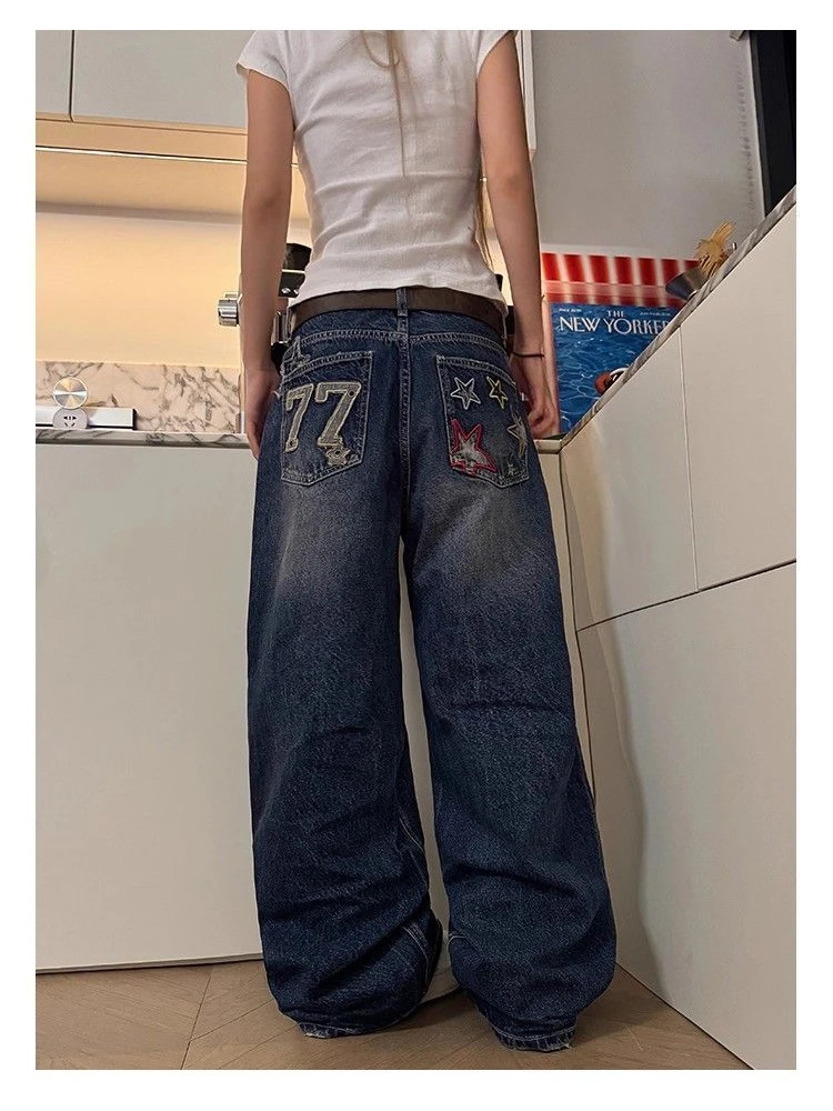 Womens Star Letter y Pattern Retro Baggy Jeans Street Girl Bottoms Vintage Trousers Female Wideleg High Waist Pants Z260313