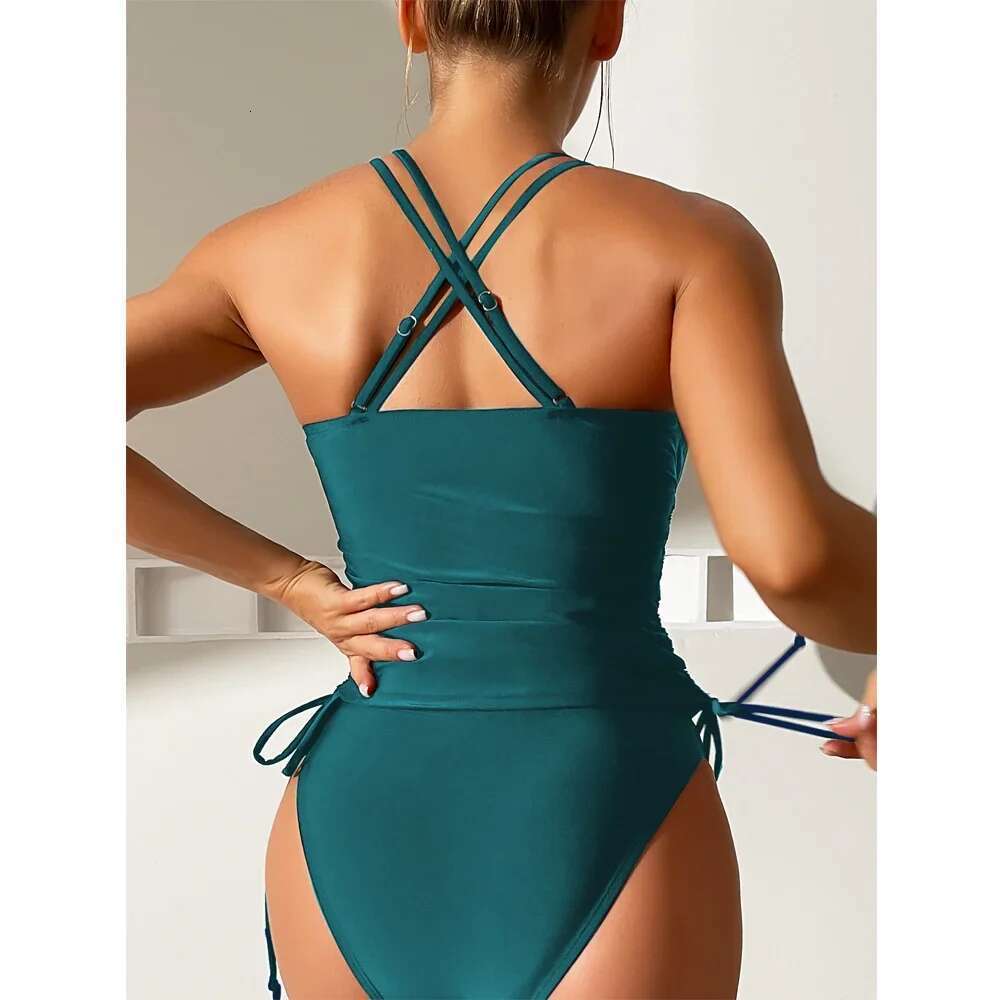 Solid Color Swimsuit Women 2023 High Waist Tankini V-neck 2 Piece Suspender Bikini Bathing Suit Lace-up Backless Beach Swimwear