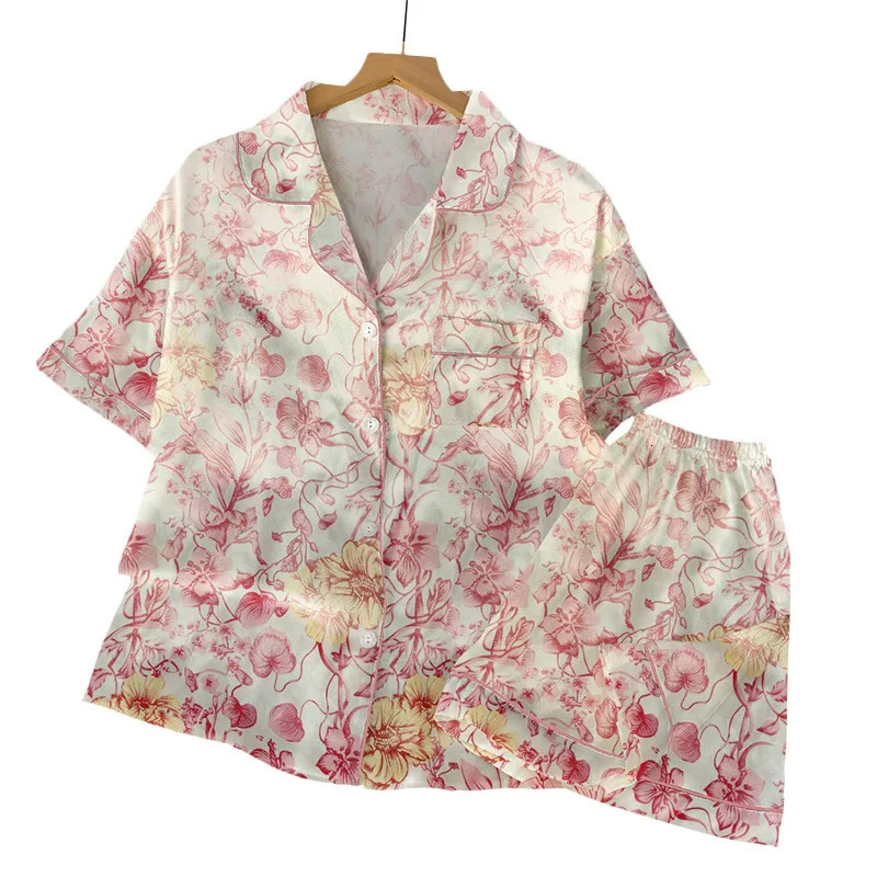 The Summer Ladies Retro Floral Print Ice Silk Pajamas s Short-Sleeved Thin Summer Suit Leisure Home Wear Real Po 250402