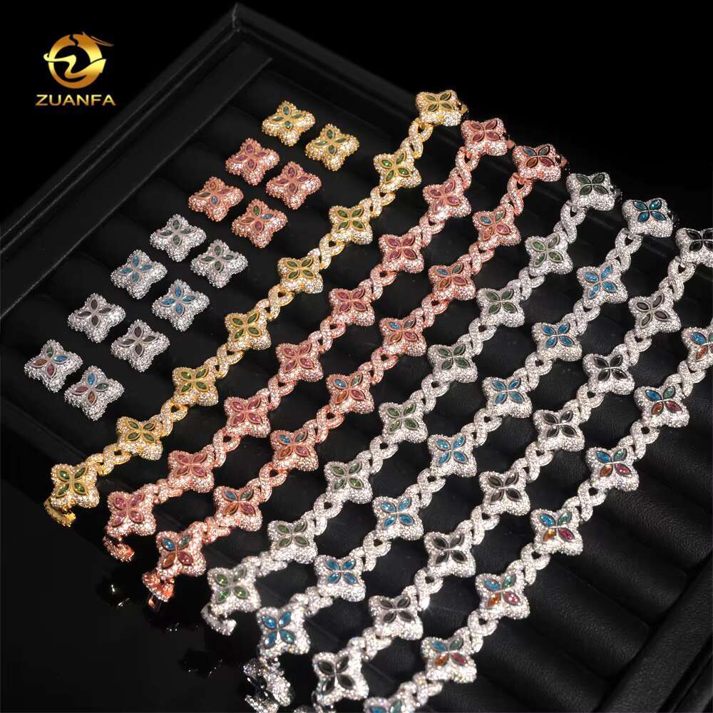 Hot Sale 15mm Color 925 Silver Moissanite Diamond Hip Hop Jewelry Iced Out Moissanite Cuban Link Bracelet Earring Set