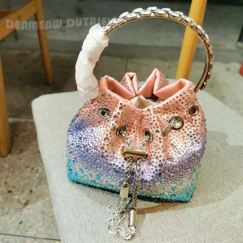 Red Mini Crystal Gradient Stone Handbag Women Party Evening Clutch Light Blue Dia Ring Drawstring Color Bg Wristlets Girl