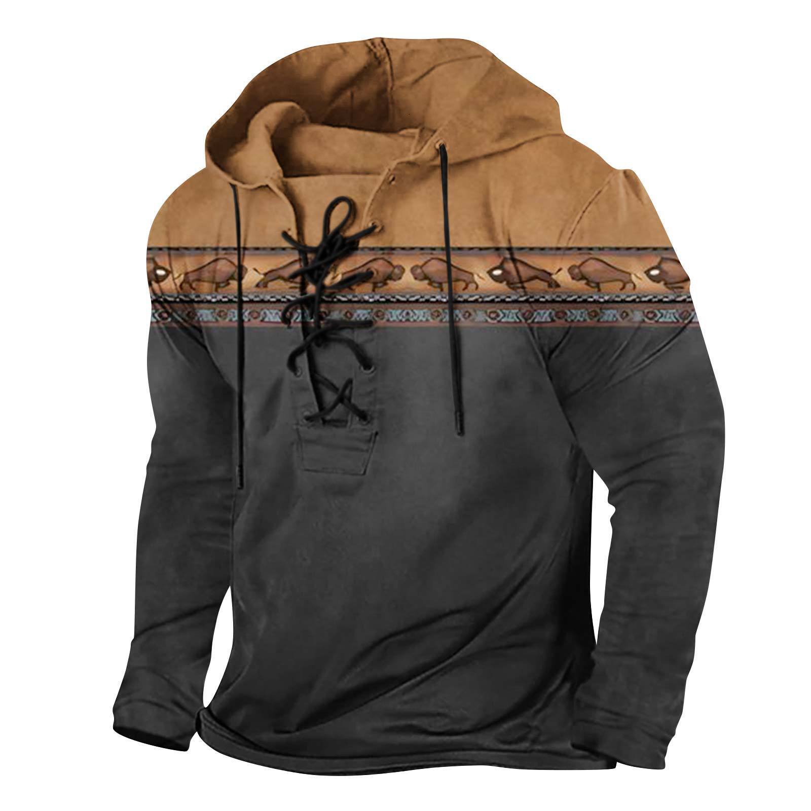 2025 Winter Mens Digital Printed Strap Up Large Hooded Long Sleeve T-shirt Mens Wear