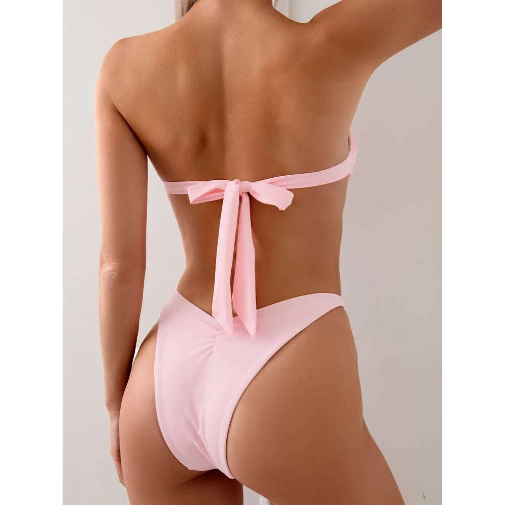 Solid Color Pink Mini 2 Piece Swimsuit,Strapless Backless Bikini,summer Beach Vacation Bathing Suit,Pleated Swimwear 2024 New