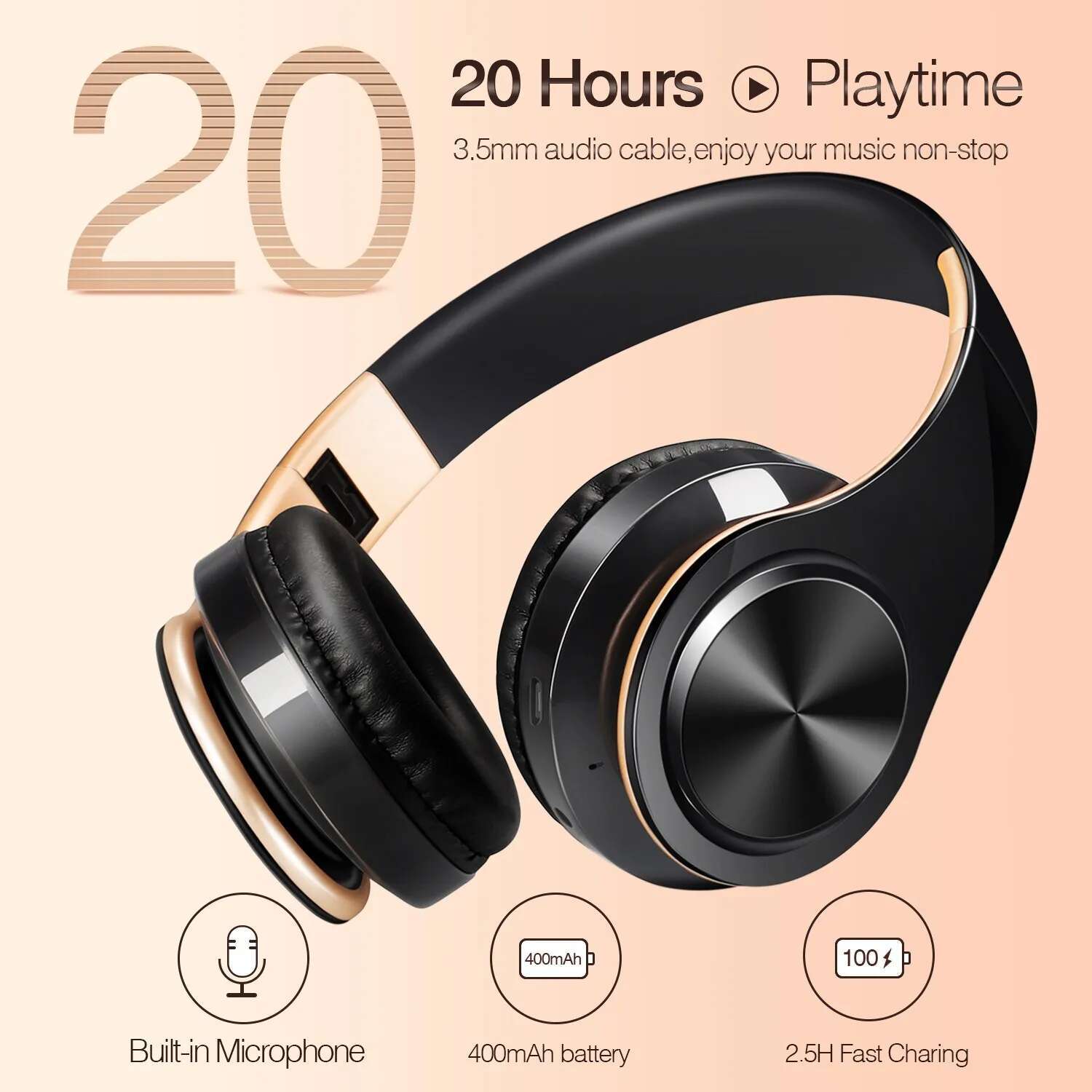 Men Gift Gold Wireless Headphones Bluetooth Earphone Stereo Headset Build-in MIC with 3.5mm Jack for Xiaomi Samsung IPHONE