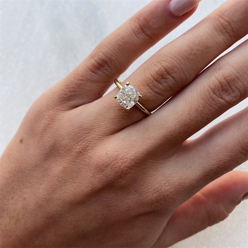 Fine Jewelry Real Yellow Gold 14K 18K 1.5 Carat Cushion Lab Diamond Engagement Solitaire Ring For Women E VS1 CVD HPHT Diamond Wedding Womens Ring