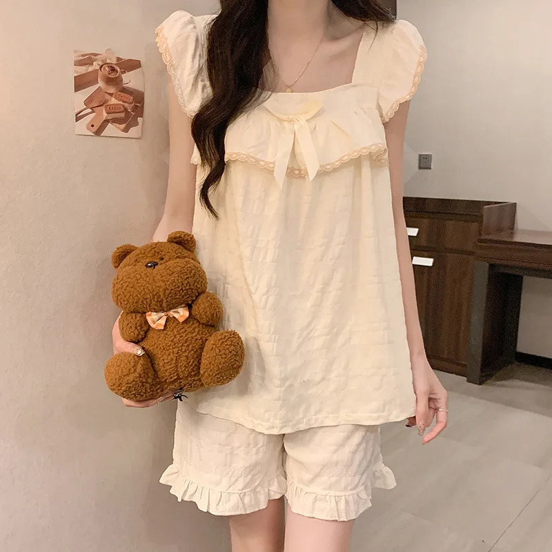 Pajamas Women Summer with Corset Woven Cotton French Suspenders Shorts Summer Comfortable Sweet Princess Style Loungewear 250402