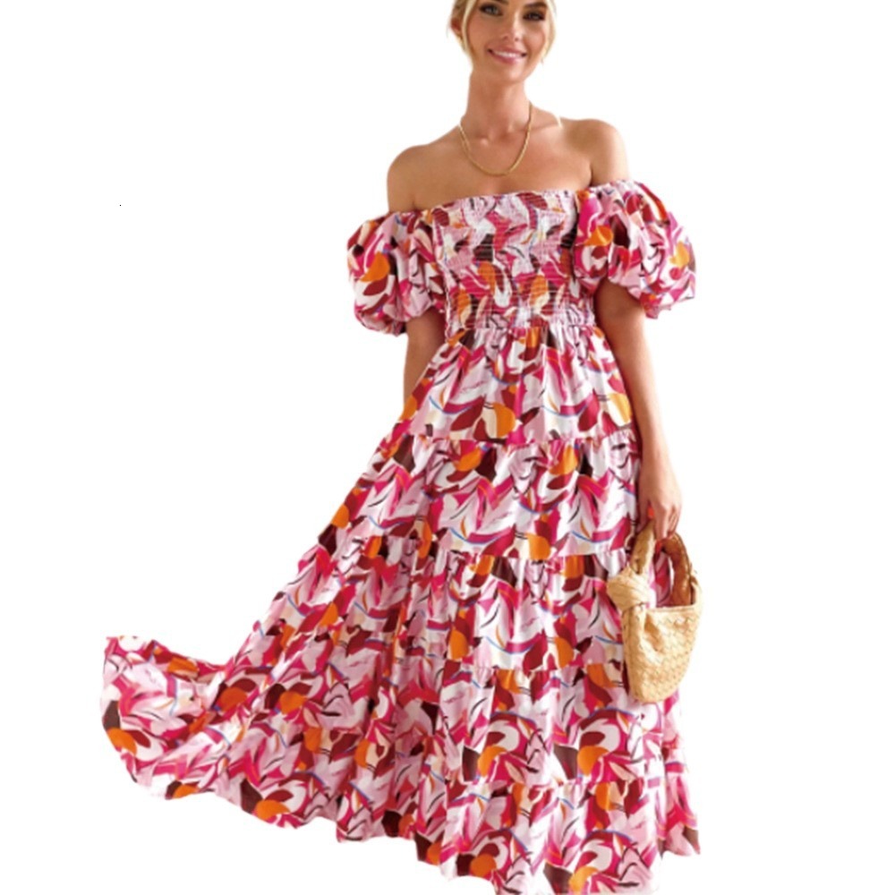 2025 New Womens Bohemian Printed One Shoulder Vacation Style Sexy Loose Dress