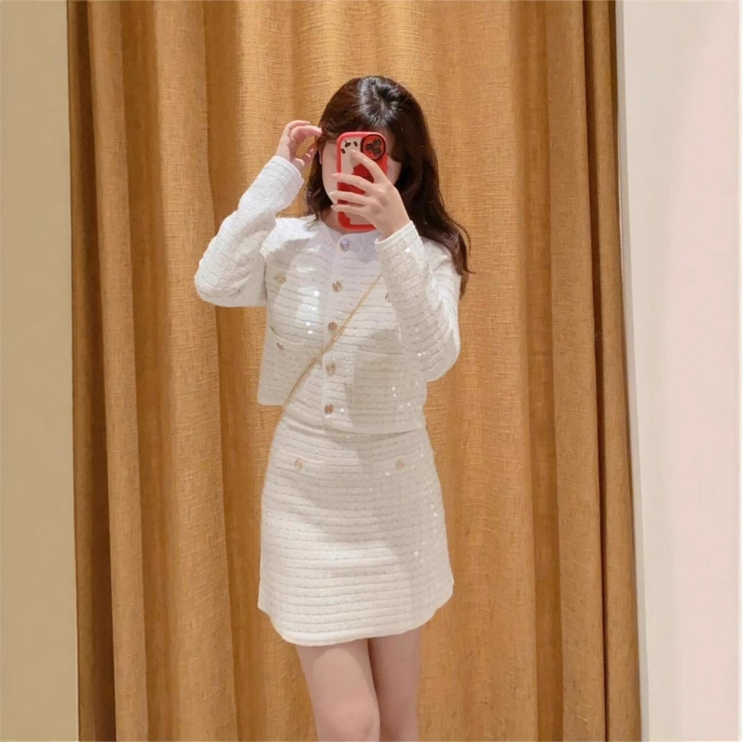 Designer Women's Jackets Sequin Knit Suit Ladies Single-Breasted Long Sleeve Short Jacket Or A-Line Skirt 2025 Autumn