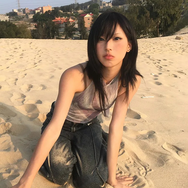 Y2K mesh printed vest womens Harajuku tie dye backless crop top retro 2000S diamond tank Korean tank top 250402
