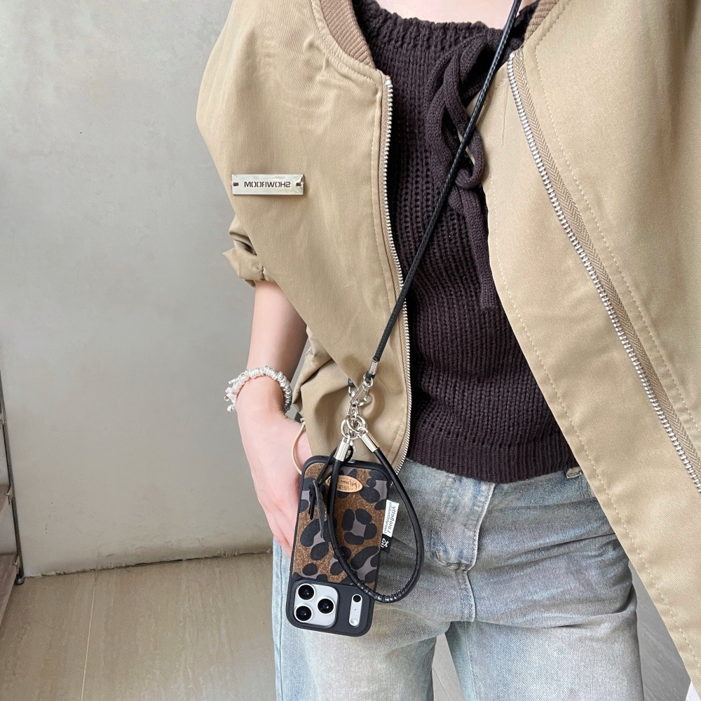 Suede Brown Leopard Print Phone Case Compatible with iPhone 17/16 Pro Max Simple Lanyard 15/14 Personalized Case