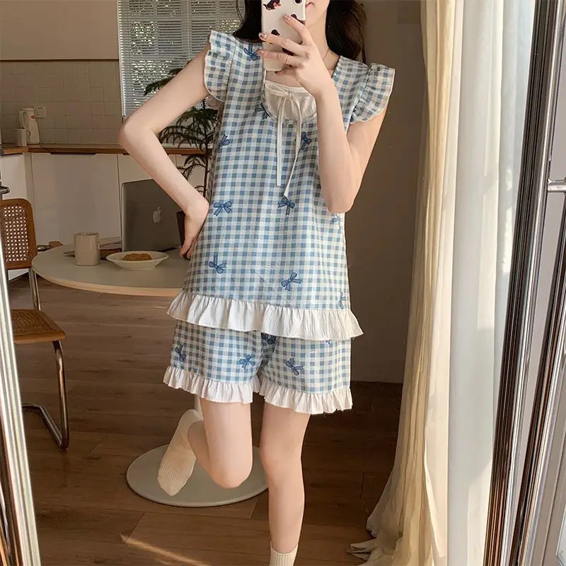 Cute Pajamas Blue Plaid Bow Short Sleeve Nightwear Pullover T-Shirt Shorts Two-Piece Set Japanese and Korean Fashion Sleepwear 250402