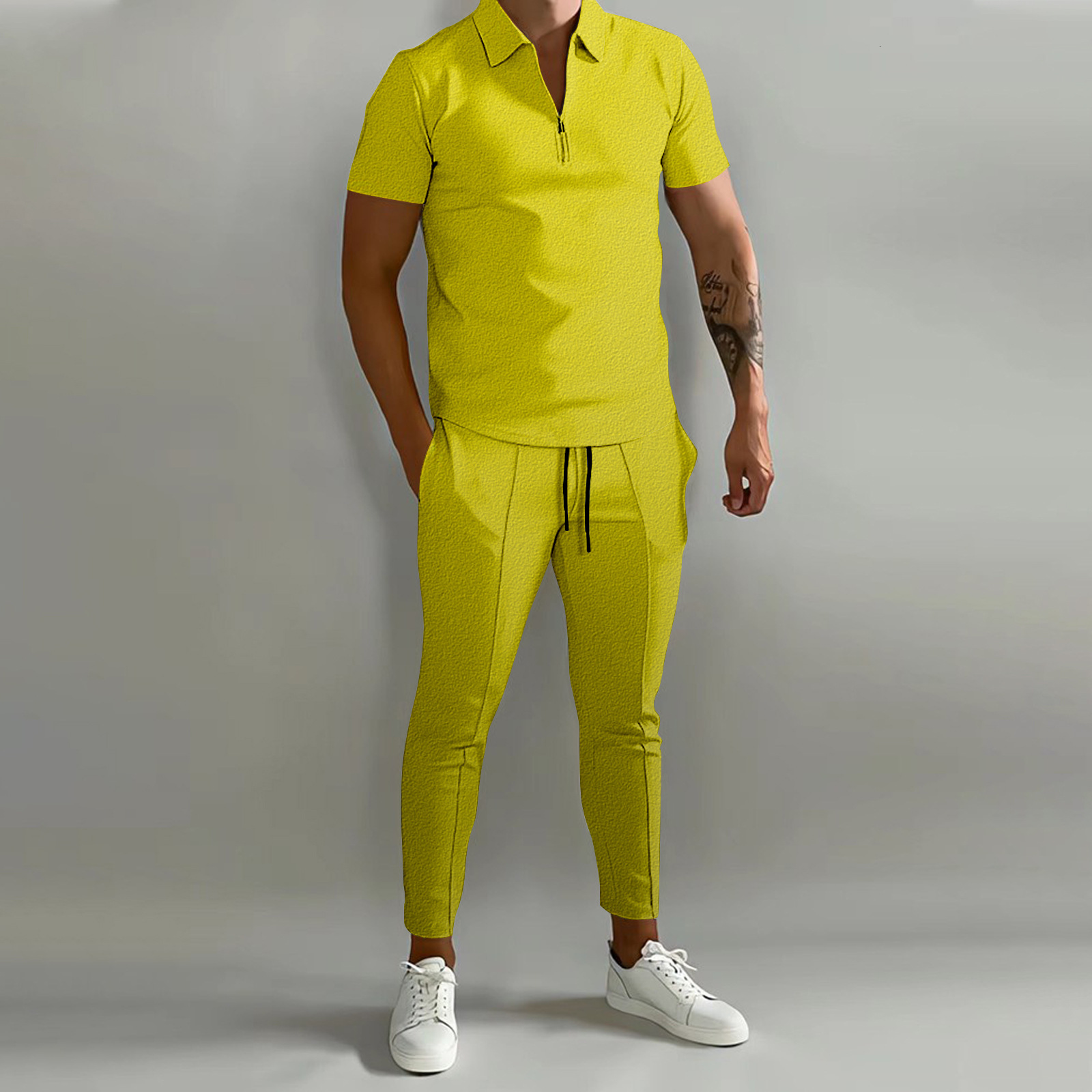 New mens 3D printed gradient short sleeved polo pants casual sports suit mens clothing