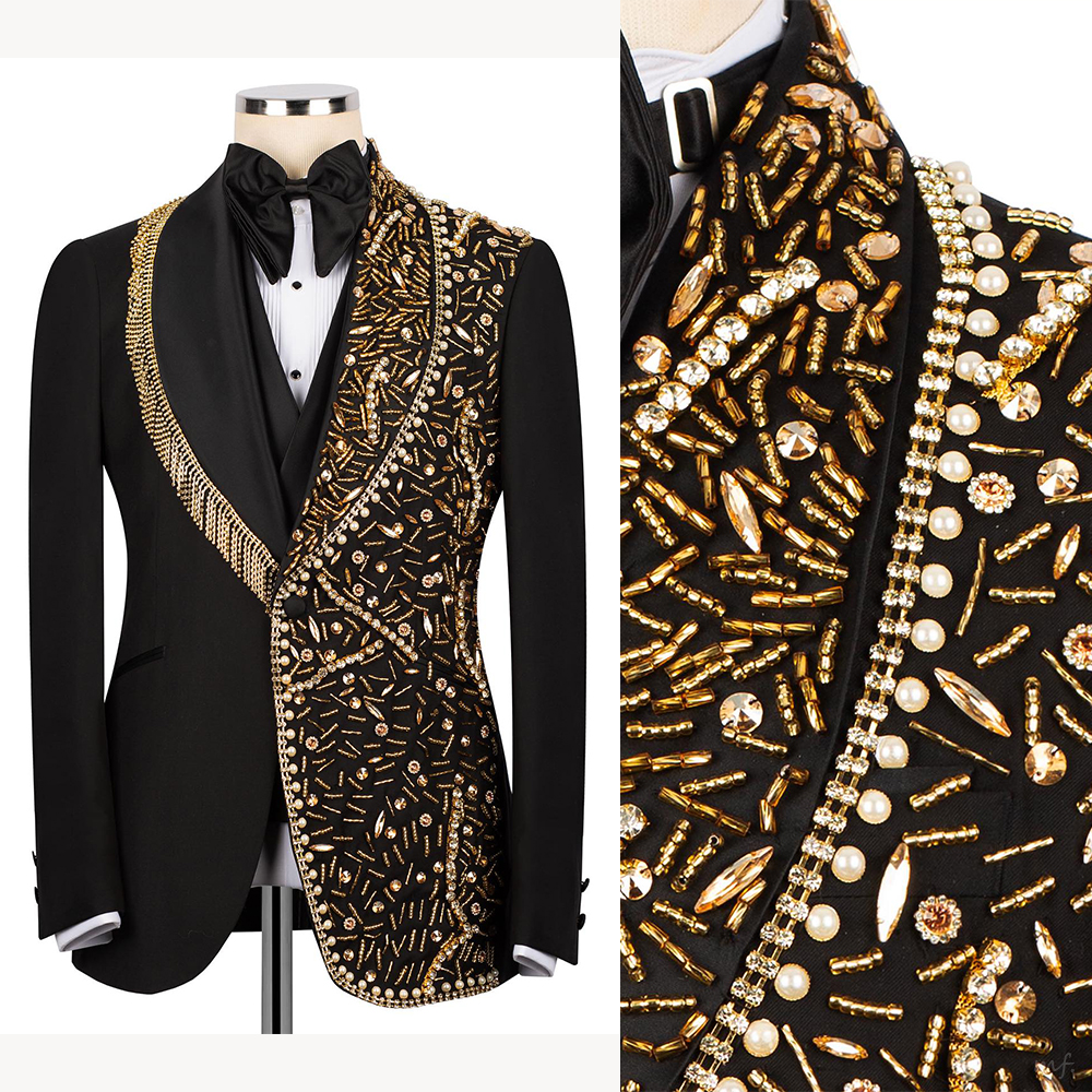 Luxury Men's Suit 2 Pieces Set Jacket Pearls Crystal Groom Tailor-Made Shawl Lapel Blazer One Button Customized Coat Pants Plus Size
