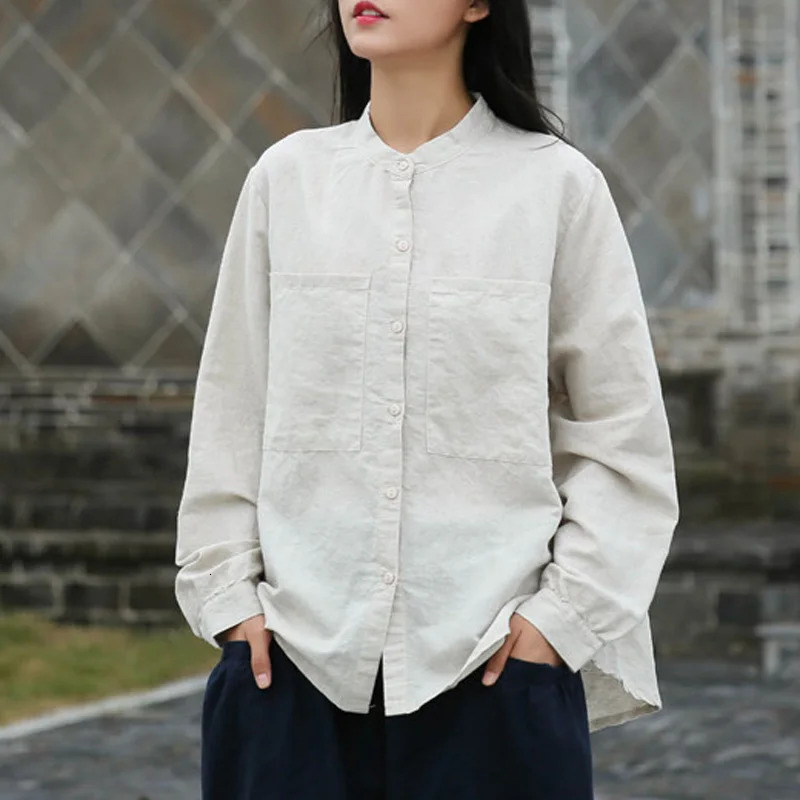 Johnature Leisure Stand Pockets Single Breasted Long Sleeve Cardigan Shirt Autumn Cotton Linen Comfortable Women Tops 250402
