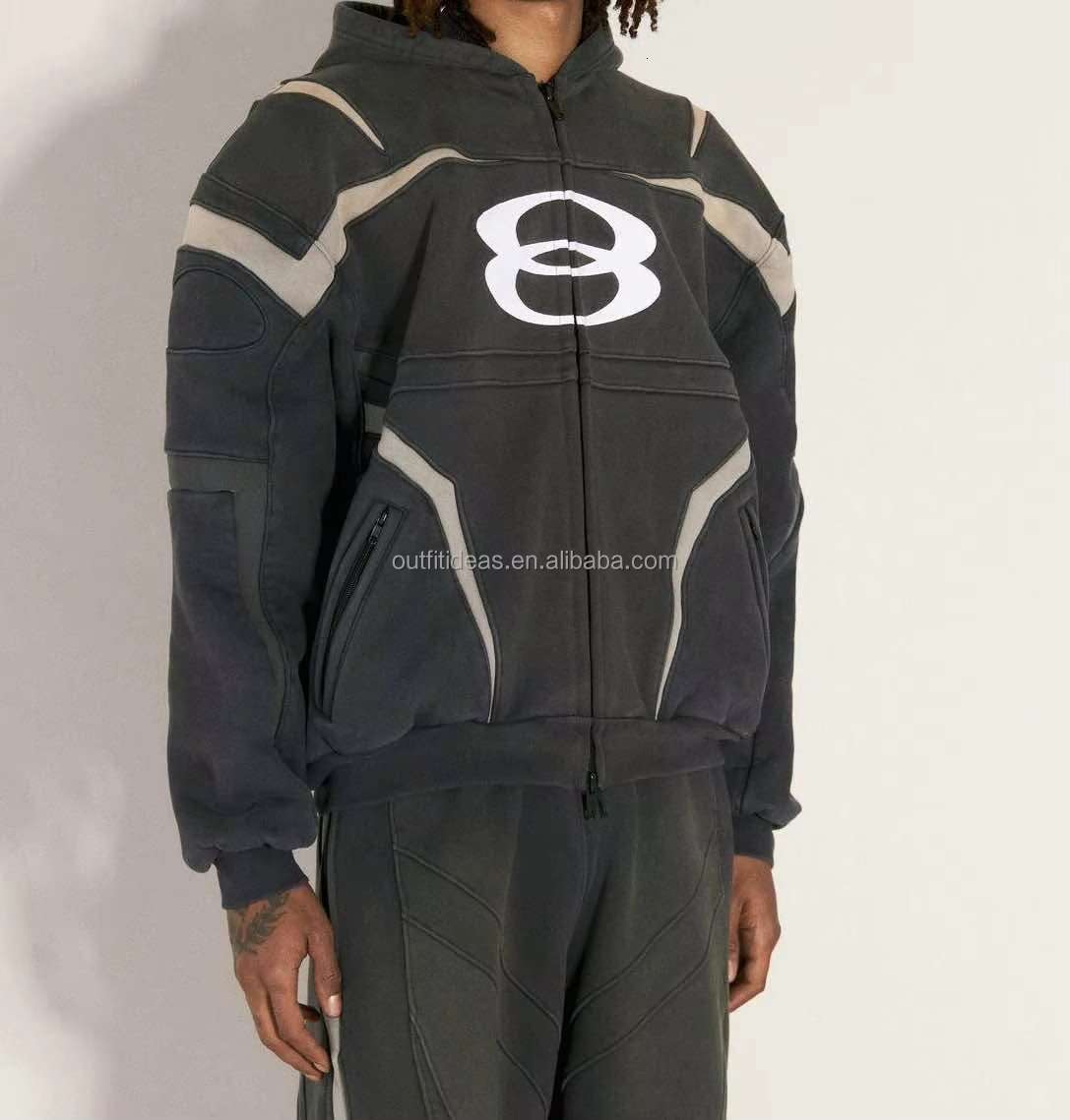Exaggerated unisex unified sports zipper sweatshirt, oversized logo bicycle jacket, wool men's gray cyclist hooded sweatshirt