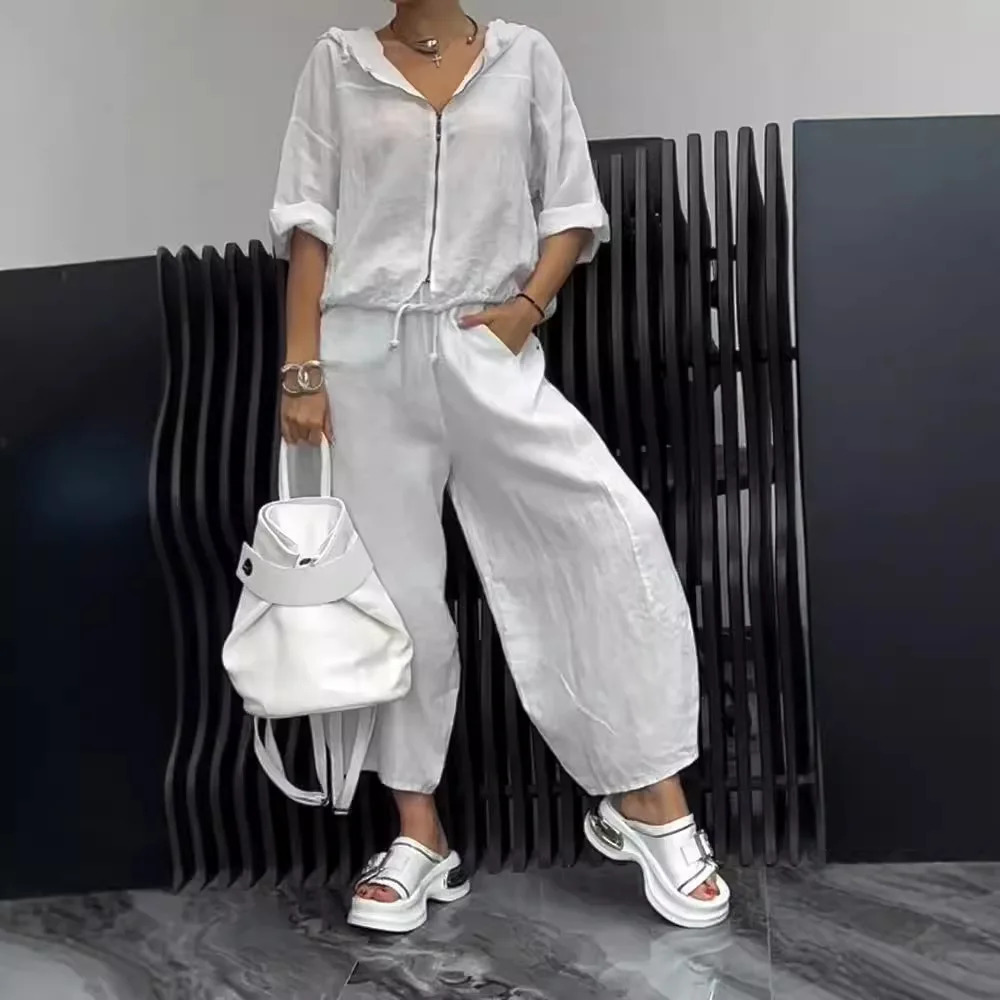 Womens casual sports suit fashionable solid hooded sweatshirt zipper wide leg pants twopiece set womens spring and summer 250403