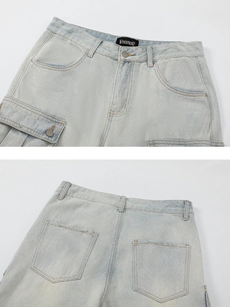 Mens Multi Pocket Cargo Jeans Pocket Straight Classic Light Blue Denim Pants Street Clothing Hip Hop Street Mens Trousers 250402