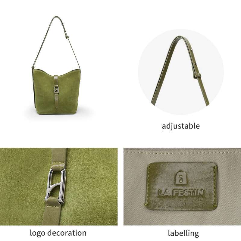 LA FESTIN Original Brand Shoulder 2025 New Suede Handbag Women Fashion Bucket Green Leather Bag