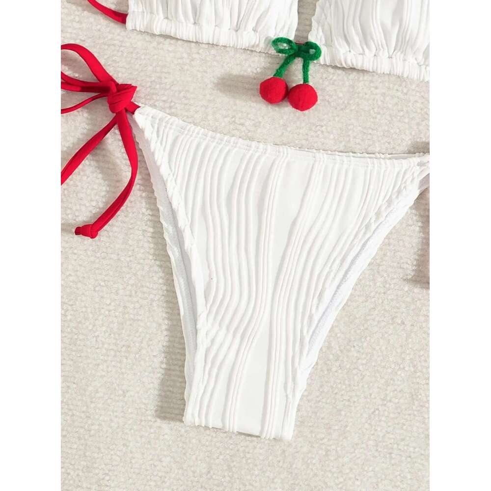 Sexy White Cherry Bikini Set 2025 Women Red Strap Contrast Ribbed Push Up Micro Swimwear Brazilian Beach Bathing Suit Swimsuit