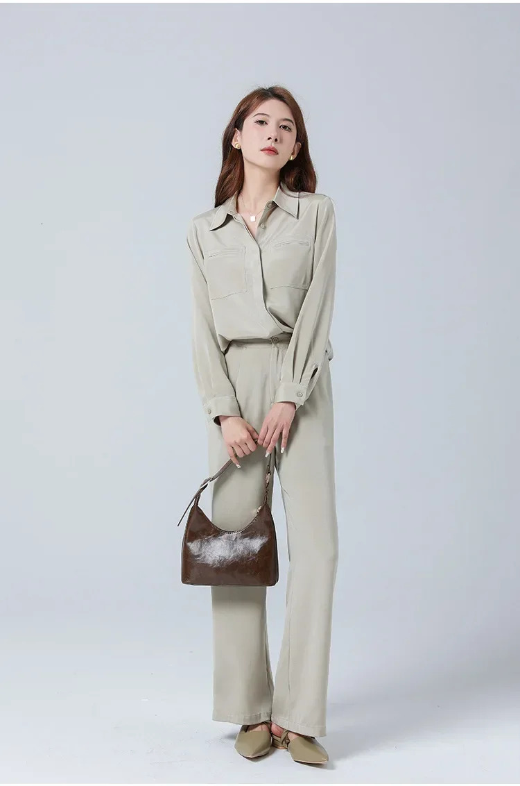 Heavy duty Womens Silk Shirt Pants Set Simple Mulberry Long Sleeve Two Piece Coat 250403