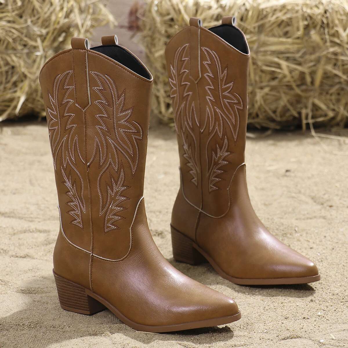 Plus Size 43 High Quality Block Heels Mid-Calf White Cowboy Women Vintage Country Concert Western Boots Shoes