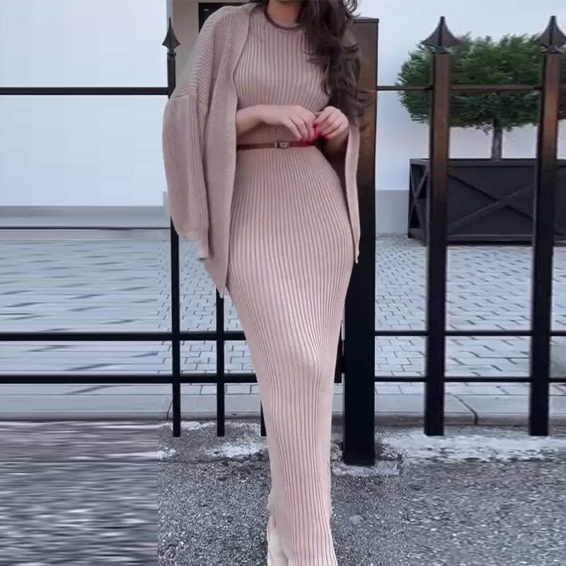 2024 Autumn New European and American Amazon Cross-Border Fashion Hot-Selling Lazy Style Knitted Sweater Long Dress Set for Women
