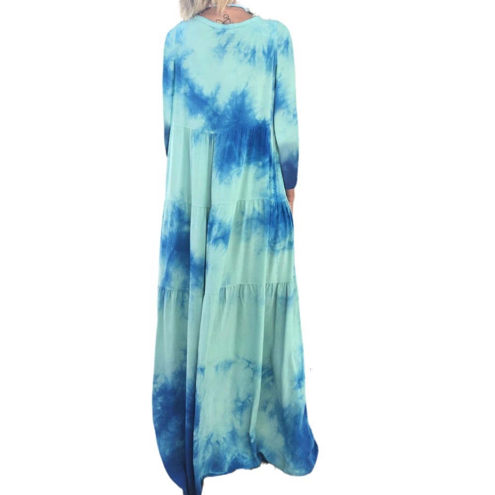 2025 Spring/summer New Dress Printing and Dyeing Collar Long Sleeve Temperament Gradient Big Swing Long Dress