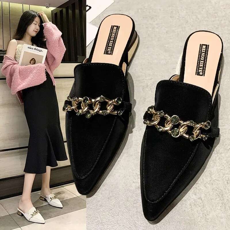 2025 New Slippers New Chain Mule Slippers Women's Stripe Designer Summer Fashion Shoes Square High Heels Women's Shoes