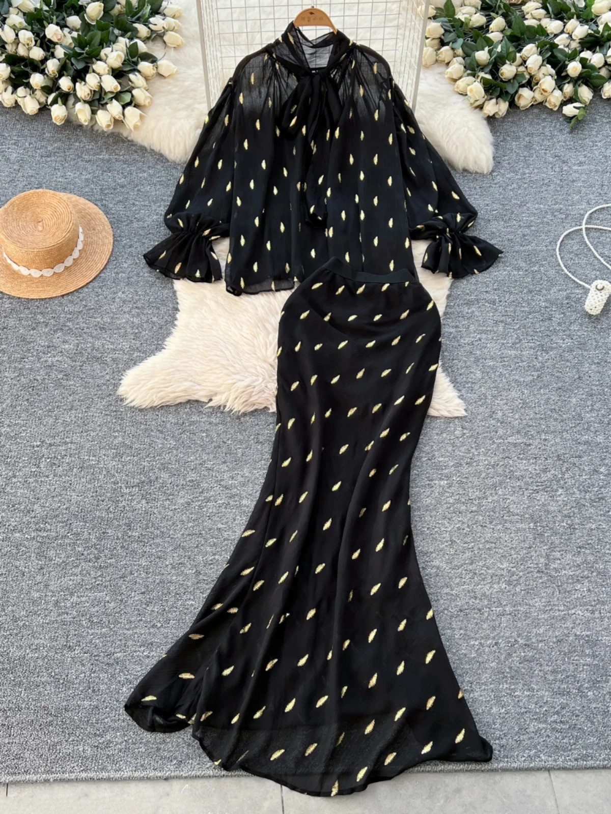 Neploe Light Ripe Wind Europe Loose Bow Set Shirt Lace Printed High Waist Ultra Thin Mermaid Leather French Style Set Faldas 250402