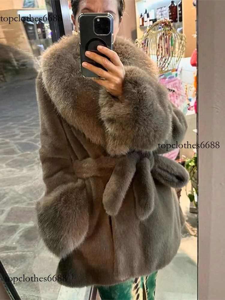 Chic Women Faux Furs Collar Long Sleeve Oversize With Belt Female Fur Jackets 2024 Winter Fashion Lady Coats
