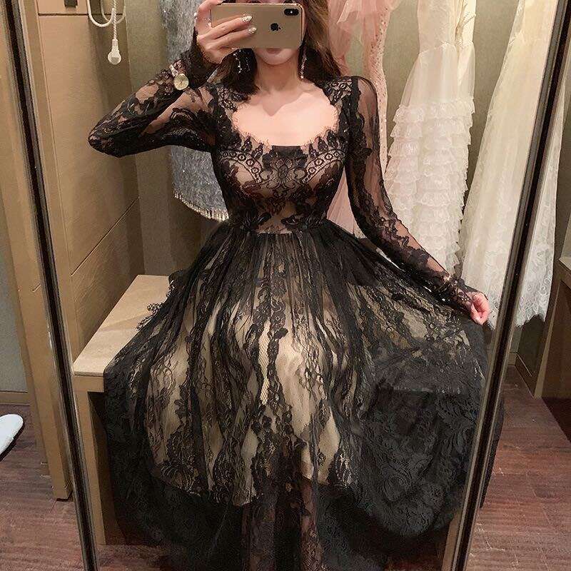 Very Fairy French Niche Spring New Black Gown Elegant Lace Retro Long Dress for Women