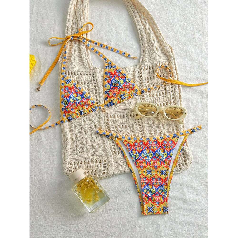 Women Yellow Bikini Set Retro Print 2 Piece Swimsuit 2025 New Triangle Halter Backless Thong Beach Swimwear Bathing Suit