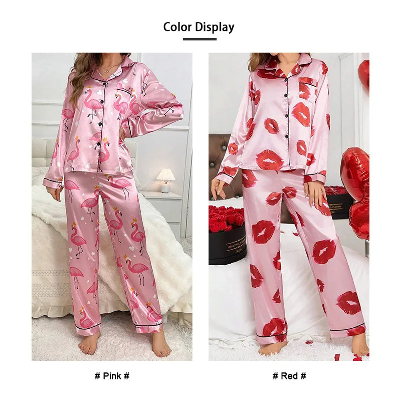 Red Lip Print Satin Pajama Set Autumn Casual Long Sleeve Button Up Lapel Collar Top Pants Sleepwear Loungewear Pyjama Femme 250402